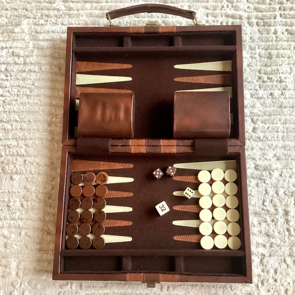 Vtg Backgammon Board Game Set Faux Brown Leather Travel Case Interior Stitched - Picture 1 of 16